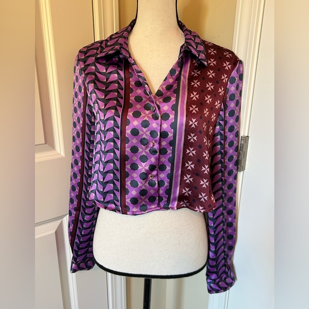 House of Harlow 1960 funky Geometric Purple satincrop button down Blouse